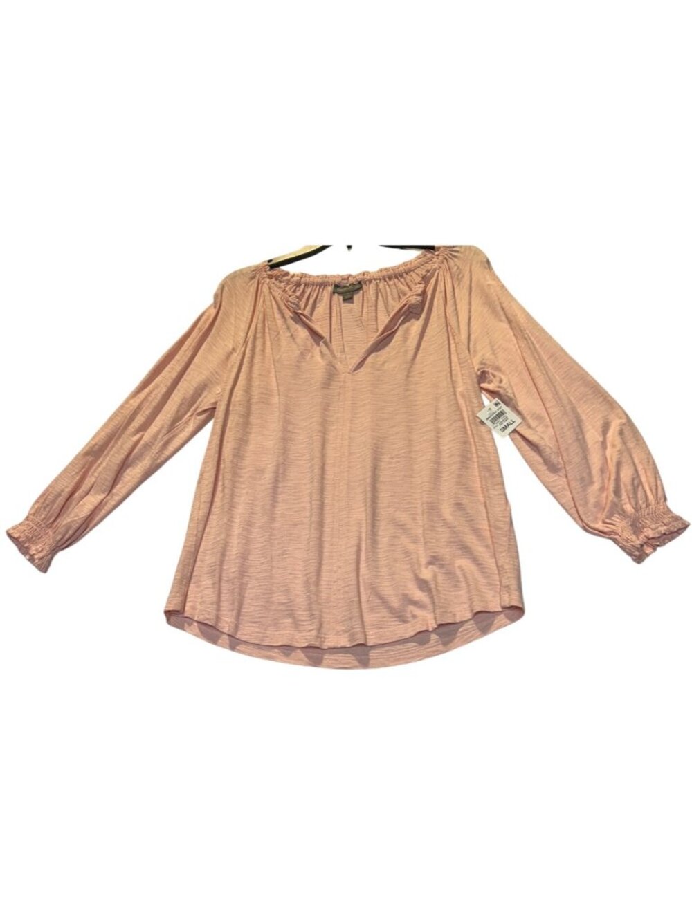 Style & Co Womens Size Small Smocked Knit Top In Pink With Long Sleeves & V-Neck